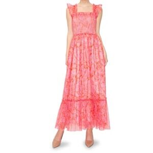 Melloday Pink Orange Floral Smocked Maxi Dress XL boho whimsi fairy resort cotta